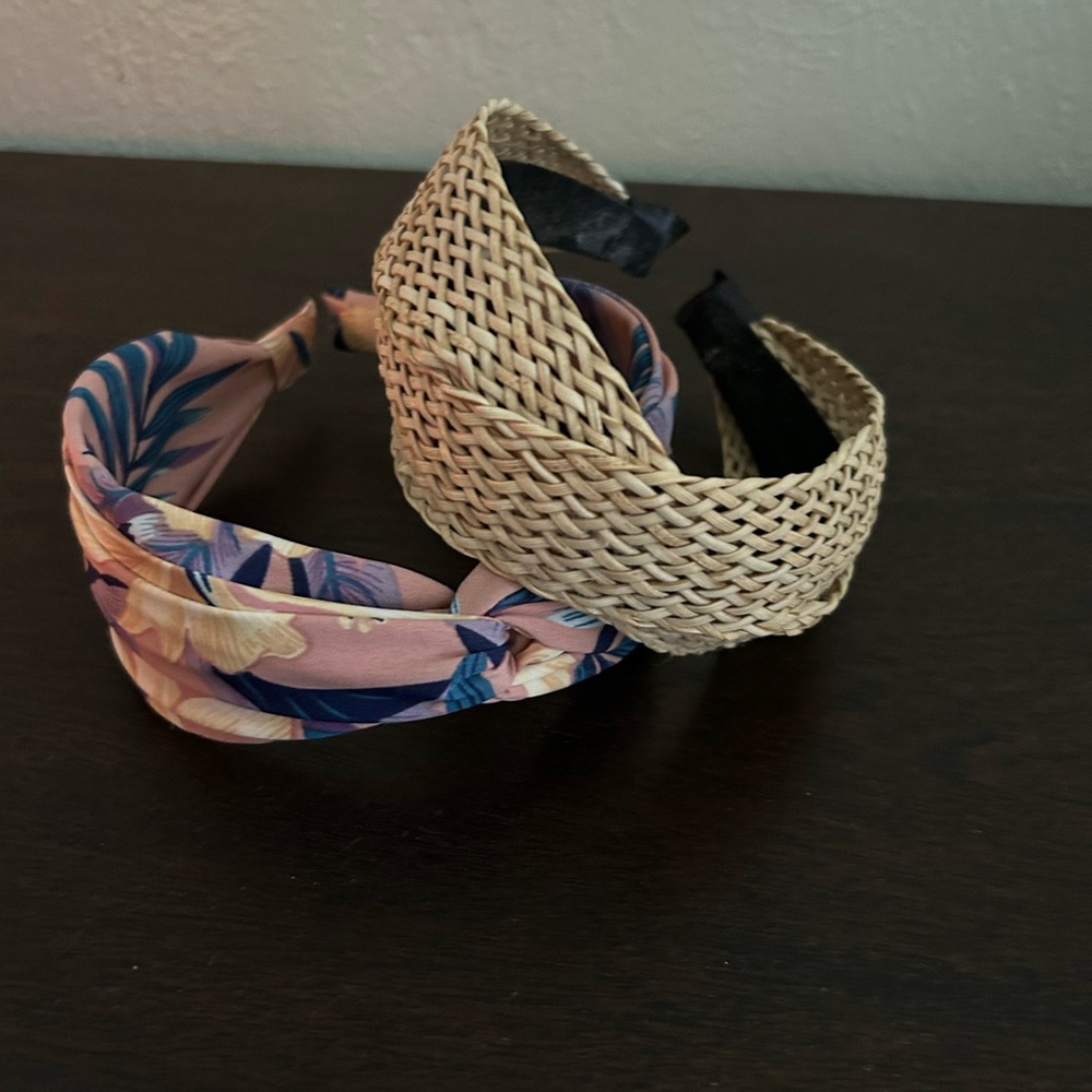 Two headbands. Never worn, one floral knot headband, one rattan knot headband.